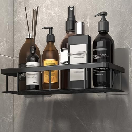 FQERHIYG Duschkaddie Selbstklebend, Duschregal Eckregal, Ohne Bohren, Aluminium Badregal für Badezimmer, Wohnung und Küche, Haushaltsorganisation, Badaccessoires (Square Basket- Black) von FQERHIYG