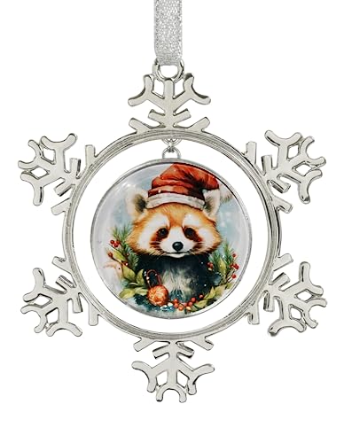 FQJNS Roter Panda auf Weihnachtshintergrund Schneeflocke Ornament Metall Glas Weihnachtsbaum Ornament zum Aufhängen an Weihnachtsbaum Heimdekoration von FQJNS