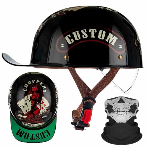 FQJVTDR Halbschalenhelm im Baseballcap-Design Motorrad Halbhelm ECE-Zulassung mit Gesichtsmaske Schrumpfbare Linse mit Lüftungslöchern Schnellverschluss Leichter Stadthelm M-2XL 57-64CM von FQJVTDR