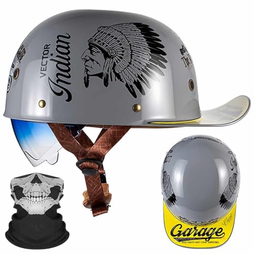 FQJVTDR Motorrad Halbhelm Halbschalenhelm im Baseballcap-Design ECE-Zulassung mit Gesichtsmaske Schrumpfbare Blaue Verlaufslinse mit Lüftungslöchern Leichter Stadthelm M-2XL 57-64CM von FQJVTDR