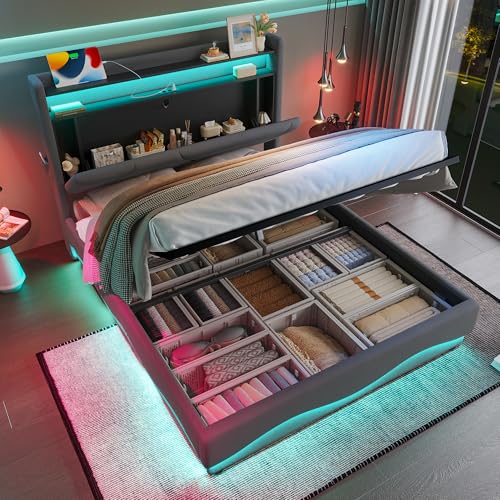 Doppelbett Polsterbett 140x200, LED Hydraulisch Stauraumbett Funktionsbett Jugendbett Bettgestell mit Stauraum & Lattenrost, Stauraum Kopfteil mit USB Typ-C Ladefunktion, Samt, Ohne Matratze, Grau Doppelbett Polsterbett 140x200, LED Hydraulisch Stauraumbett Funktionsbett Jugendbett Bettgestell mit Stauraum & Lattenrost, Stauraum Kopfteil mit USB Typ-C Ladefunktion, Samt, Ohne Matratze, Grau von FQMOZY