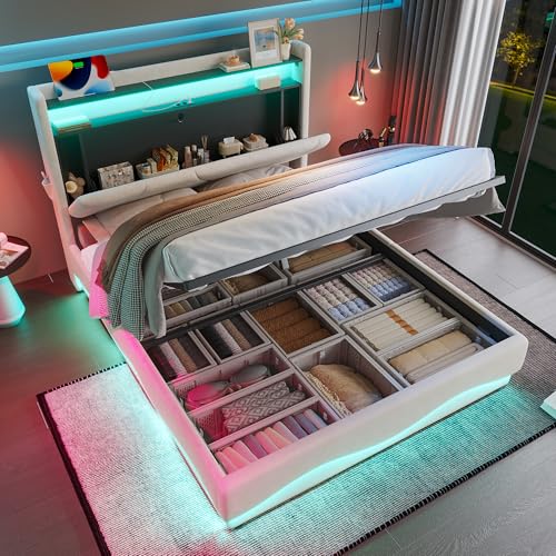 Doppelbett Polsterbett 160x200, LED Hydraulisch Stauraumbett Funktionsbett Jugendbett Bettgestell mit Stauraum & Lattenrost, Stauraum Kopfteil mit USB Typ-C Ladefunktion, Samt, Ohne Matratze, Beige Doppelbett Polsterbett 160x200, LED Hydraulisch Stauraumbett Funktionsbett Jugendbett Bettgestell mit Stauraum & Lattenrost, Stauraum Kopfteil mit USB Typ-C Ladefunktion, Samt, Ohne Matratze, Beige von FQMOZY