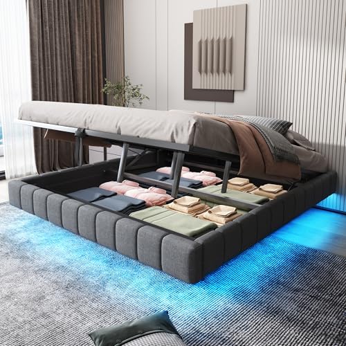 Doppelbett Polsterbett 180x200 cm, Funktionsbett Stauraumbett mit Hydraulischem Stauraum, LED-Licht und Lattenrost, Schwebebettrahmen Bettgestell Gästebett ohne Kopfteil, Leinen, Ohne Matratze, Grau von FQMOZY