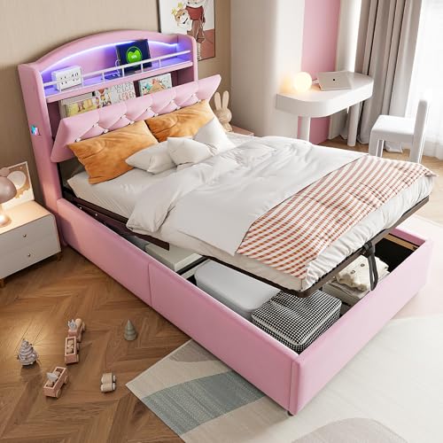 Einzelbett Polsterbett 90x200, Funktionsbett Stauraumbett mit Hydraulisch Stauraum&LED-Licht&USB-Aufladung, Kinderbett Jugendbett Bettgestell mit Stauraum Kopfteil&Lattenrost, Samt, Ohne Matratze,Rosa Einzelbett Polsterbett 90x200, Funktionsbett Stauraumbett mit Hydraulisch Stauraum&LED-Licht&USB-Aufladung, Kinderbett Jugendbett Bettgestell mit Stauraum Kopfteil&Lattenrost, Samt, Ohne Matratze,Rosa von FQMOZY