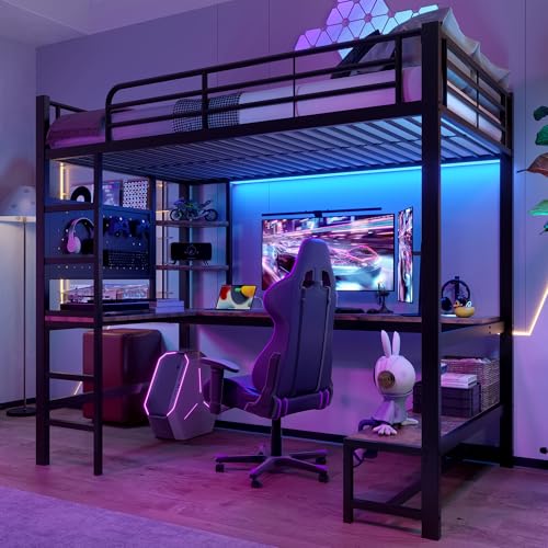 Etagenbett Hochbett 90x200 cm mit LED Leiste&USB Steckdose, Kinderbett Metallbett mit Schreibtisch&&mehrere Regalen&Lochbrett, Einzelbett Bettgestell mit Rausfallschutz&Leiter, Ohne Matratze, Schwarz Etagenbett Hochbett 90x200 cm mit LED Leiste&USB Steckdose, Kinderbett Metallbett mit Schreibtisch&&mehrere Regalen&Lochbrett, Einzelbett Bettgestell mit Rausfallschutz&Leiter, Ohne Matratze, Schwarz von FQMOZY