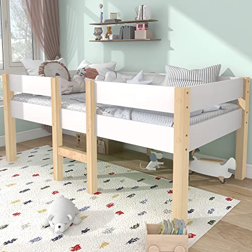Kinderbett 90x200, Hochbett Holzbett mit Rausfallschutz&Lattenrost, Halbhochbett mit Leiter, Jugendbett Bettgestell Einzelbett halbhohes Bett für Mädchen&Jungen, Kiefer, Ohne Matratze, Weiß&Eiche Kinderbett 90x200, Hochbett Holzbett mit Rausfallschutz&Lattenrost, Halbhochbett mit Leiter, Jugendbett Bettgestell Einzelbett halbhohes Bett für Mädchen&Jungen, Kiefer, Ohne Matratze, Weiß&Eiche von FQMOZY