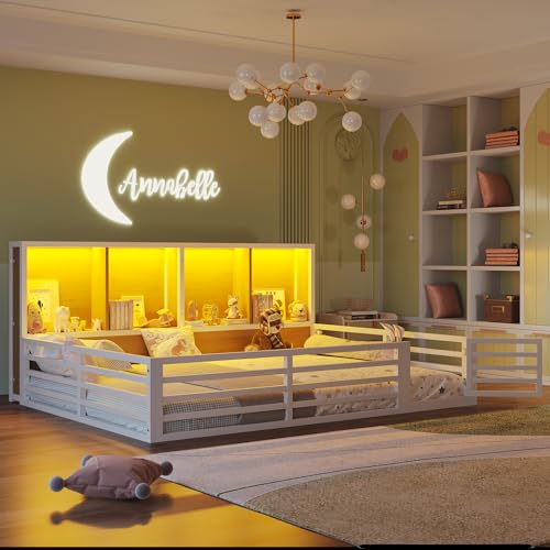 Kinderbett Bodenbett 140x200 mit Rausfallschutz&Lattenrost, Montessori Bett Hausbett mit 4 Staufächer&LED-Beleuchtung&Tür, Doppelbett Gitterbett Metallbett Bettgestell Spielbett, Ohne Matratze, Weiß von FQMOZY