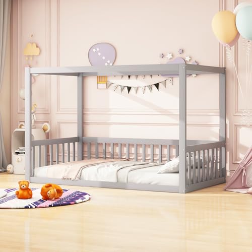 Kinderbett Bodenbett 90x200 cm, Himmelbett mit Rausfallschutz, Montessori Bett Bed Gitterbett Kinder Jugendbett Einzelbett Bettgestell Holzbett Spielbett, Kiefernholz, Ohne Matratze&Lattenrost, Grau von FQMOZY
