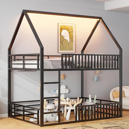 Kinderbett Etagenbett 140x200, Hochbett Hausbett mit LED-Licht, Leiter und Tür, Metallbett Jugendbett Bettgestell Stockbett Doppelbett Familienbett Loft Bett mit Rausfallschutz, Ohne Matratze, Schwarz Kinderbett Etagenbett 140x200, Hochbett Hausbett mit LED-Licht, Leiter und Tür, Metallbett Jugendbett Bettgestell Stockbett Doppelbett Familienbett Loft Bett mit Rausfallschutz, Ohne Matratze, Schwarz von FQMOZY
