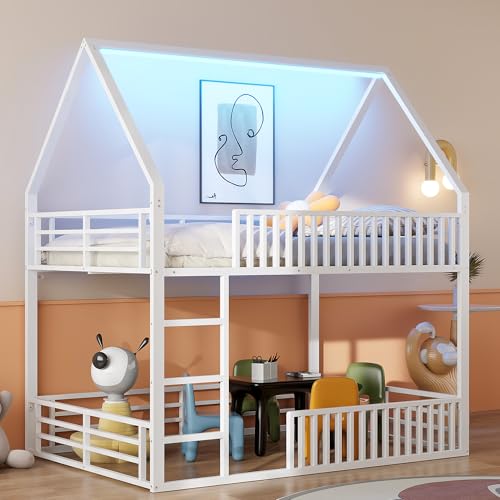 Kinderbett Etagenbett 140x200, Hochbett Hausbett mit LED-Licht, Leiter und Tür, Metallbett Jugendbett Bettgestell Stockbett Doppelbett Familienbett Loft Bett mit Rausfallschutz, Ohne Matratze, Weiß Kinderbett Etagenbett 140x200, Hochbett Hausbett mit LED-Licht, Leiter und Tür, Metallbett Jugendbett Bettgestell Stockbett Doppelbett Familienbett Loft Bett mit Rausfallschutz, Ohne Matratze, Weiß von FQMOZY