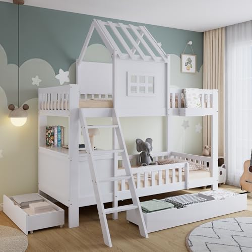 Kinderbett Etagenbett 90x200, Hochbett Hausbett mit 2 Schubladen&Fenster&Dach&Lesetisch&Ablagekorb, Stockbett Doppelbett Holzbett Jugendbett mit Lattenrost&Rausfallschutz, Kiefer, Ohne Matratze, Weiß Kinderbett Etagenbett 90x200, Hochbett Hausbett mit 2 Schubladen&Fenster&Dach&Lesetisch&Ablagekorb, Stockbett Doppelbett Holzbett Jugendbett mit Lattenrost&Rausfallschutz, Kiefer, Ohne Matratze, Weiß von FQMOZY