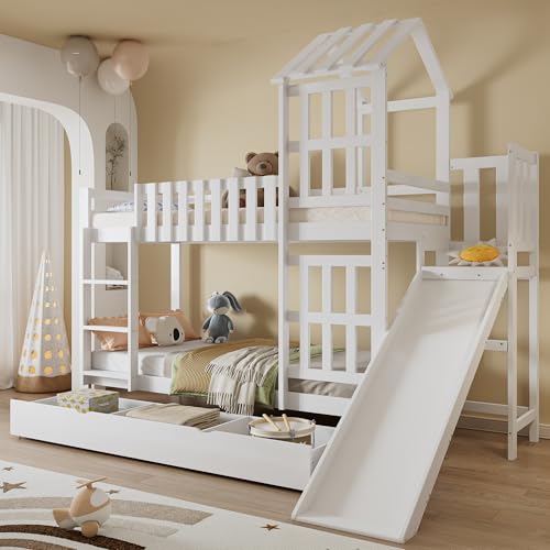 Kinderbett Etagenbett 90x200, Hochbett Hausbett mit Schublade&Rutsche&Leiter&Fenster&Dach, Stockbett Doppelbett Holzbett Jugendbett Bettgestell mit Lattenrost&Rausfallschutz, Kiefer,Ohne Matratze,Weiß Kinderbett Etagenbett 90x200, Hochbett Hausbett mit Schublade&Rutsche&Leiter&Fenster&Dach, Stockbett Doppelbett Holzbett Jugendbett Bettgestell mit Lattenrost&Rausfallschutz, Kiefer,Ohne Matratze,Weiß von FQMOZY