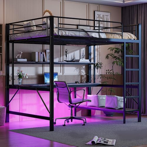 Kinderbett Hochbett 140x200, Etagenbett Metallbett Jugendbett mit Schreibtisch&USB Ladestation&LED-Light&2 Regalen, Doppelbett Bettgestell Bettrahmen mit Rausfallschutz&Leiter, Ohne Matratze, Schwarz von FQMOZY