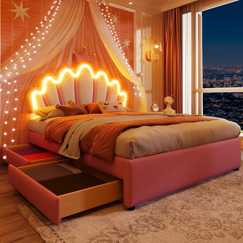 Kinderbett Polsterbett 140x200, Prinzessinnenbett mit Verstellbarem Kronen-Kopfteil, Doppelbett Jugendbett mit LED Licht&2 Schubladen&Lattenrost, Bettgestell für Mädchen, PU-Leder, Ohne Matratze, Rosa von FQMOZY