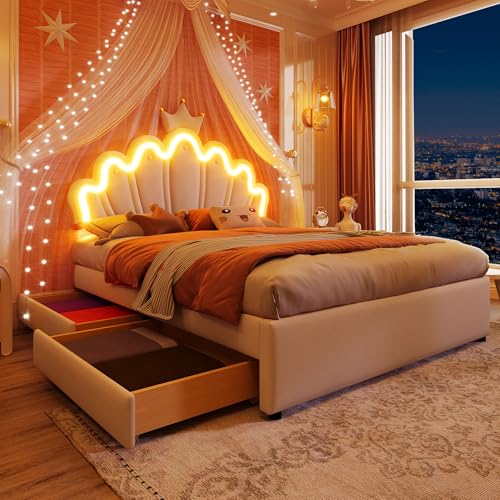 Kinderbett Polsterbett 140x200, Prinzessinnenbett mit Verstellbarem Kronen-Kopfteil, Doppelbett Jugendbett mit LED Licht&2 Schubladen&Lattenrost, Bettgestell für Mädchen, PU-Leder, Ohne Matratze, Weiß von FQMOZY
