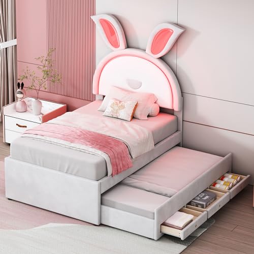 Kinderbett Polsterbett 90x200, Einzelbett mit LED-Licht&Ausziehbarem Bett&3 Schubladen, Hasenohren Bettgestell für Mädchen, Jugendbett mit Verstellbarem Kopfteil&Lattenrost, Samt, Ohne Matratze, Beige von FQMOZY