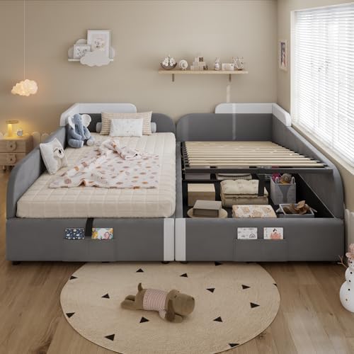 Kinderbett Polsterbett 90x200, Kombiniertes Bettgestell mit Hydraulisch Stauraum&Zaun&Aufbewahrungstaschen, Einzelbett Doppelbett Stauraumbett Jugendbett mit Lattenrost, Samt, Ohne Matratze, Grau Kinderbett Polsterbett 90x200, Kombiniertes Bettgestell mit Hydraulisch Stauraum&Zaun&Aufbewahrungstaschen, Einzelbett Doppelbett Stauraumbett Jugendbett mit Lattenrost, Samt, Ohne Matratze, Grau von FQMOZY