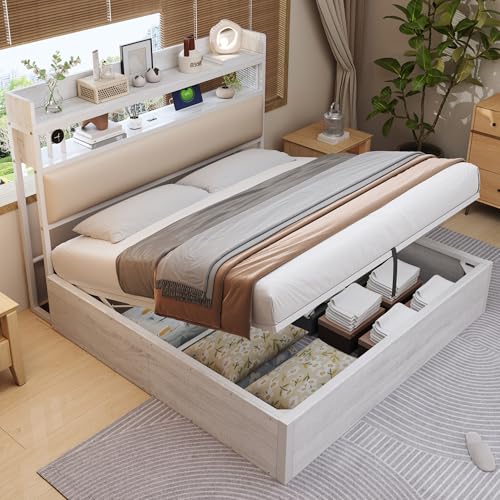 Metallbett Doppelbett 180x200, Hydraulisches Bett Jugendbett Stauraumbett Funktionsbett Bettgestell mit Stauraum&Lattenrost, Gepolstertes Kopfteil mit USB-Ladeanschlüsse&Regalen, Ohne Matratze, Weiß Metallbett Doppelbett 180x200, Hydraulisches Bett Jugendbett Stauraumbett Funktionsbett Bettgestell mit Stauraum&Lattenrost, Gepolstertes Kopfteil mit USB-Ladeanschlüsse&Regalen, Ohne Matratze, Weiß von FQMOZY