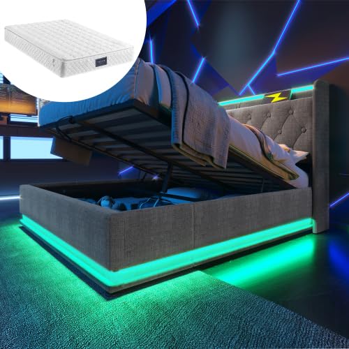 Polsterbett Doppelbett 140x200, Hydraulisch Stauraumbett Jugendbett with Stauraum and Lattenrost, Funktionsbett Bettgestell mit LED Beleuchtung und USB Typ-C Ladefunktion, Leinen, Mit Matratze, Grau von FQMOZY
