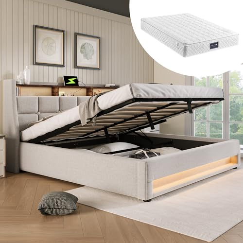 Polsterbett Doppelbett 140x200, Hydraulisch Stauraumbett mit Stauraum&LED Beleuchtung&USB Typ-C Ladefunktion, Jugendbett Funktionsbett Bettgestell mit Lattenrost, Leinenmaterial, Mit Matratze, Beige von FQMOZY