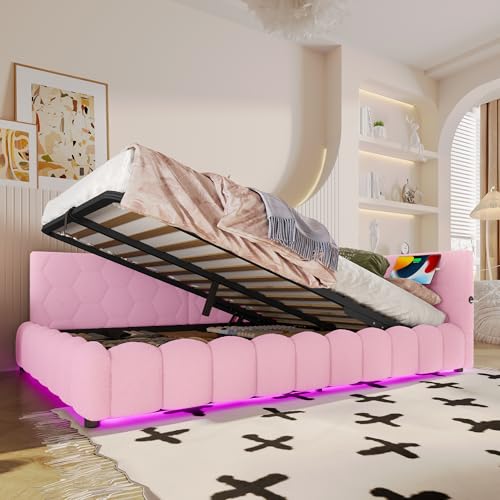 Polsterbett Doppelbett 140x200, Schlafsofa Tagesbett mit Stauraum&LED-Lichtleiste&USB-Anschluss, Bett Jugendbett Stauraumbett Funktionsbett Bettgestell mit Lattenrost, Vliesimitat, Ohne Matratze, Rosa von FQMOZY