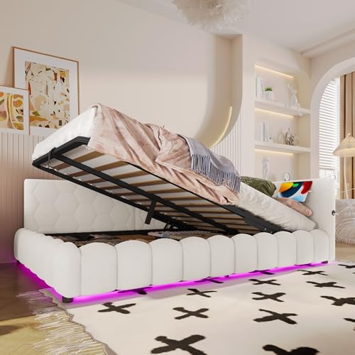 Polsterbett Doppelbett 140x200, Schlafsofa Tagesbett mit Stauraum&LED-Lichtleiste&USB-Anschluss, Bett Jugendbett Stauraumbett Funktionsbett Bettgestell mit Lattenrost, Vliesimitat, Ohne Matratze, Weiß Polsterbett Doppelbett 140x200, Schlafsofa Tagesbett mit Stauraum&LED-Lichtleiste&USB-Anschluss, Bett Jugendbett Stauraumbett Funktionsbett Bettgestell mit Lattenrost, Vliesimitat, Ohne Matratze, Weiß von FQMOZY
