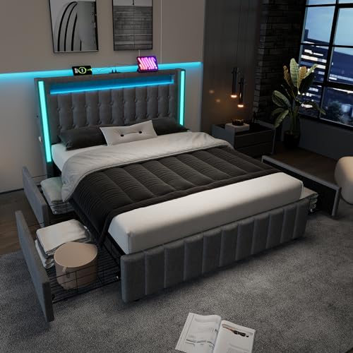 Polsterbett Doppelbett 140x200, Stauraumbett Jugendbett with 4 Schubladen Stauraum and Lattenrost, Funktionsbett Bettgestell mit LED Beleuchtung und USB Typ-C Ladefunktion, Leinen, Ohne Matratze, Grau von FQMOZY