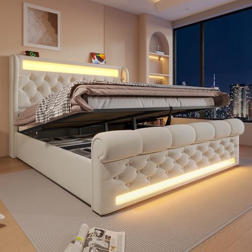 Polsterbett Doppelbett 140x200 cm, Bett mit Hydraulischem Stauraum&LED-Beleuchtung&USB Typ-C Anschlüssen, Stauraumbett Jugendbett Funktionsbett Bettgestell mit Lattenrost, Samt, Ohne Matratze, Beige von FQMOZY