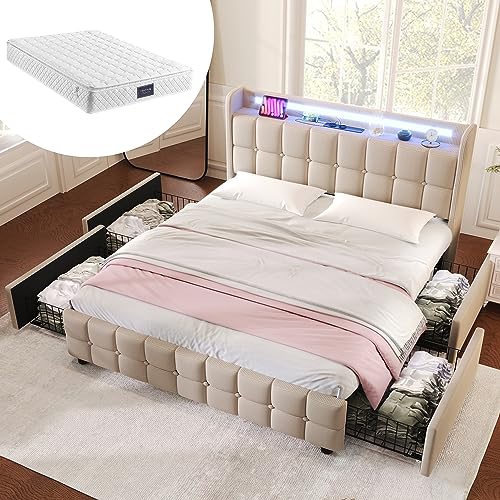 Polsterbett Doppelbett 140x200 cm, Stauraumbett Jugendbett with 4 Schubladen Stauraum and Lattenrost, Funktionsbett Bettgestell mit LED Beleuchtung und USB Ladefunktion, Leinen, Mit Matratze, Beige von FQMOZY