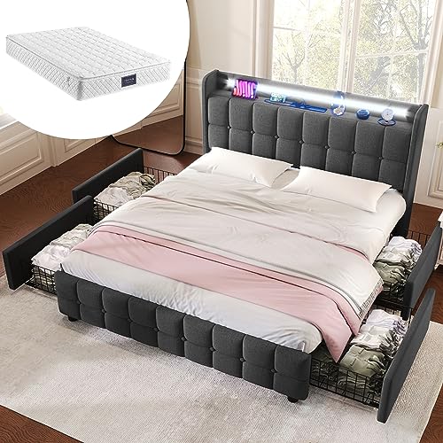 Polsterbett Doppelbett 140x200 cm, Stauraumbett Jugendbett with 4 Schubladen Stauraum and Lattenrost, Funktionsbett Bettgestell mit LED Beleuchtung und USB Ladefunktion, Leinen, Mit Matratze, Grau von FQMOZY