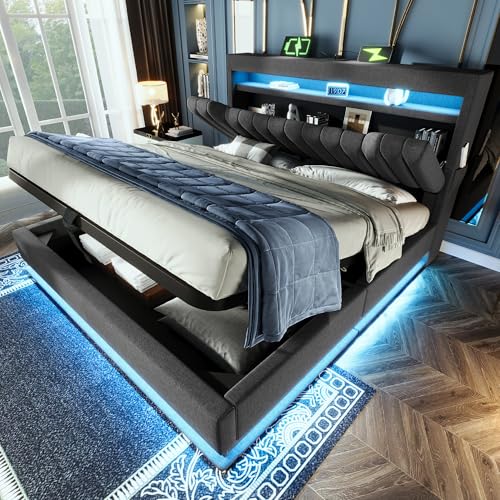 Polsterbett Doppelbett 140x200 mit LED-Beleuchtung&USB Typ-C Anschlüssen, Jugendbett mit Hydraulischem Stauraum&Stauraum Kopfteil, Stauraumbett Bettgestell mit Lattenrost, Linen, Ohne Matratze, Grau von FQMOZY