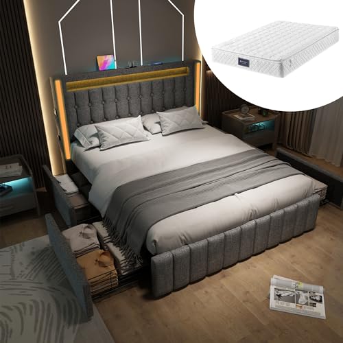 Polsterbett Doppelbett 160x200, Stauraumbett Jugendbett with 4 Schubladen Stauraum and Lattenrost, Funktionsbett Bettgestell mit LED Beleuchtung und USB Typ-C Ladefunktion, Leinen, Mit Matratze, Grau von FQMOZY