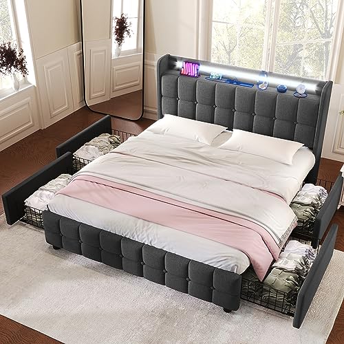 Polsterbett Doppelbett 160x200 cm, Stauraumbett Jugendbett with 4 Schubladen Stauraum and Lattenrost, Funktionsbett Bettgestell mit LED Beleuchtung und USB Ladefunktion, Leinen, Ohne Matratze, Grau von FQMOZY