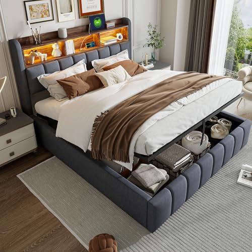 Polsterbett Doppelbett 180x200, Hydraulisch Stauraumbett Jugendbett Funktionsbett Bettgestell mit Stauraum&Lattenrost, Stauraum-Kopfteil mit LED-Beleuchtung&USB-Anschluss, Leinen, Ohne Matratze, Grau von FQMOZY