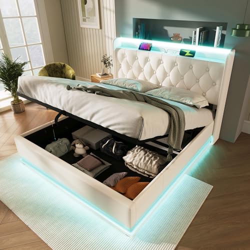 Polsterbett Doppelbett 180x200, Hydraulisch Stauraumbett Jugendbett with Stauraum and Lattenrost, Funktionsbett Bettgestell mit LED Beleuchtung und USB Typ-C Ladefunktion, PU, Ohne Matratze, Weiß Polsterbett Doppelbett 180x200, Hydraulisch Stauraumbett Jugendbett with Stauraum and Lattenrost, Funktionsbett Bettgestell mit LED Beleuchtung und USB Typ-C Ladefunktion, PU, Ohne Matratze, Weiß von FQMOZY