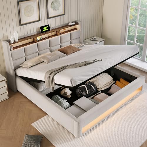 Polsterbett Doppelbett 180x200, Hydraulisch Stauraumbett mit Stauraum&LED Beleuchtung&USB Typ-C Ladefunktion, Jugendbett Funktionsbett Bettgestell mit Lattenrost, Leinenmaterial, Ohne Matratze, Beige von FQMOZY