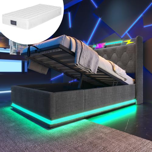 Polsterbett Einzelbett 90x200, Hydraulisch Stauraumbett Jugendbett with Stauraum and Lattenrost, Funktionsbett Bettgestell mit LED Beleuchtung und USB Typ-C Ladefunktion, Leinen, Mit Matratze, Grau von FQMOZY