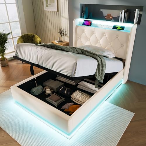 Polsterbett Einzelbett 90x200, Hydraulisch Stauraumbett Jugendbett with Stauraum and Lattenrost, Funktionsbett Bettgestell mit LED Beleuchtung und USB Typ-C Ladefunktion, PU, Ohne Matratze, Weiß von FQMOZY