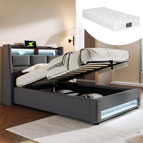 Polsterbett Einzelbett 90x200, Hydraulisch Stauraumbett mit Stauraum&LED Beleuchtung&USB Typ-C Ladefunktion, Jugendbett Funktionsbett Bettgestell mit Lattenrost, Leinenmaterial, Mit Matratze, Grau von FQMOZY