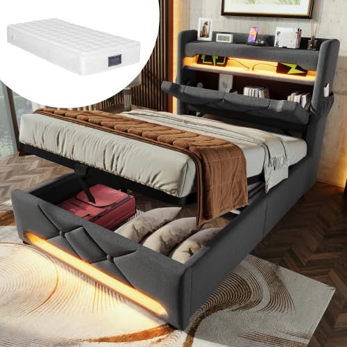 Polsterbett 90x200 mit LED-Beleuchtung&USB Typ-C Ladefunktion, Einzelbett mit Hydraulischem Stauraum&Stauraum Kopfteil, Stauraumbett Jugendbett Bettgestell mit Lattenrost, Linen, Mit Matratze, Grau von FQMOZY