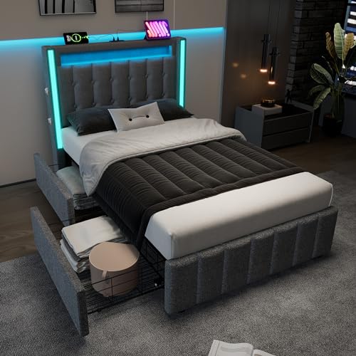 Polsterbett Einzelbett 90x200, Stauraumbett Jugendbett with 2 Schubladen Stauraum and Lattenrost, Funktionsbett Bettgestell mit LED Beleuchtung und USB Typ-C Ladefunktion, Leinen, Ohne Matratze, Grau von FQMOZY