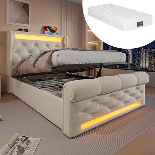 Polsterbett Einzelbett 90x200 cm, Bett mit Hydraulischem Stauraum&LED-Beleuchtung&USB Typ-C Anschlüssen, Stauraumbett Jugendbett Funktionsbett Bettgestell mit Lattenrost, Samt, Mit Matratze, Beige von FQMOZY