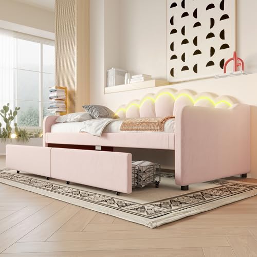 Polsterbett Tagesbett 90x200 cm, Stauraumbett Funktionsbett mit 2 Schubladen Stauraum&LED Beleuchtung, Schlafsofa Einzelbett Gästebett Jugendbett Bettgestell mit Lattenrost, Samt, Ohne Matratze, Rosa Polsterbett Tagesbett 90x200 cm, Stauraumbett Funktionsbett mit 2 Schubladen Stauraum&LED Beleuchtung, Schlafsofa Einzelbett Gästebett Jugendbett Bettgestell mit Lattenrost, Samt, Ohne Matratze, Rosa von FQMOZY