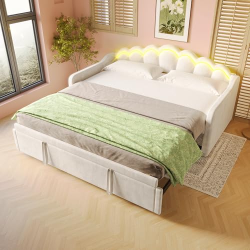 Polsterbett Tagesbett Schlafsofa 90/180x200 cm, Funktionsbett mit Ausziehbarem Bett & LED Beleuchtung, Einzelbett Doppelbett Gästebett Jugendbett Bettgestell mit Lattenrost, Samt, Ohne Matratze, Beige Polsterbett Tagesbett Schlafsofa 90/180x200 cm, Funktionsbett mit Ausziehbarem Bett & LED Beleuchtung, Einzelbett Doppelbett Gästebett Jugendbett Bettgestell mit Lattenrost, Samt, Ohne Matratze, Beige von FQMOZY