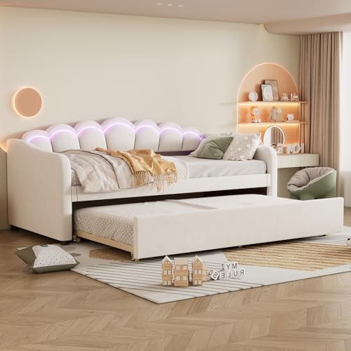 Polsterbett Tagesbett Schlafsofa 90x200 cm, Funktionsbett mit Ausziehbarem Bett und LED Beleuchtung, Einzelbett Doppelbett Gästebett Jugendbett Bettgestell mit Lattenrost, Samt, Ohne Matratze, Beige Polsterbett Tagesbett Schlafsofa 90x200 cm, Funktionsbett mit Ausziehbarem Bett und LED Beleuchtung, Einzelbett Doppelbett Gästebett Jugendbett Bettgestell mit Lattenrost, Samt, Ohne Matratze, Beige von FQMOZY