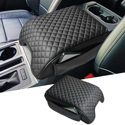 Mittelkonsolen-Abdeckung, kompatibel mit Ford F150 2015–2020, F250, F350, F450 2017–2022, Expedition 2018–2024, Leder-Armlehnenbezug mit Seitentaschen, Armlehnenzubehör, kratzfestes Kissen (schwarz) von FQMY