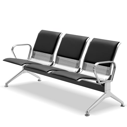 FQWYNMZ 3-Sitzer-Wartezimmerbank, Flughafen Empfangsstuhl Wartezimmer Stuhl aus PU-Leder mit Rückenlehnen und Armlehnen, Moderne Wartebänke mit Metallbeinen, for Geschäftsbüros, Salons(Black) von FQWYNMZ