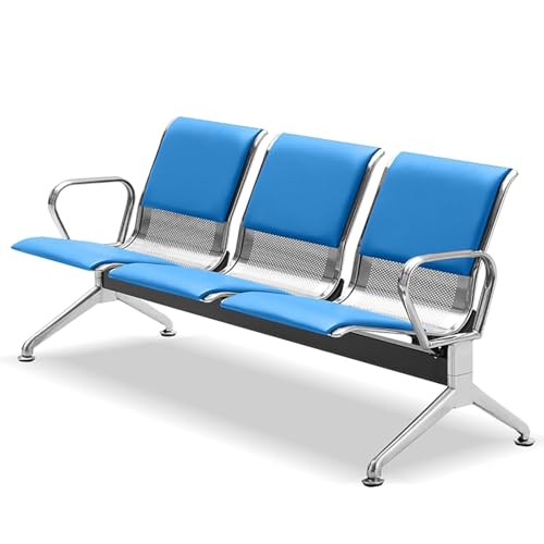 FQWYNMZ 3-Sitzer-Wartezimmerbank, Flughafen Empfangsstuhl Wartezimmer Stuhl aus PU-Leder mit Rückenlehnen und Armlehnen, Moderne Wartebänke mit Metallbeinen, for Geschäftsbüros, Salons(Blue) von FQWYNMZ