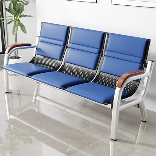 FQWYNMZ 3-Sitzer-Wartezimmerstühle, Empfangsbank, Leder-Büro-Gästesitzmöbel mit Rückenlehne und Holzarmlehnen, Gepolsterte Empfangsbank for Büro, Flughafen, Krankenhaus, Bank, Geschäft(Blue) von FQWYNMZ