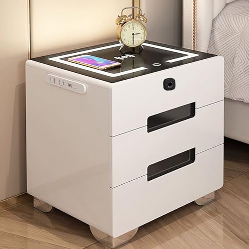 FQWYNMZ Smart Nightstand mit Ladestation und LED-Leuchten, Intelligenter Nachttisch mit Fingerabdrucksperre, USB und 3 Schubladen, Bluetooth-Lautsprecher-Beistelltisch, für Schlafzimmer und Wohnzimmer von FQWYNMZ